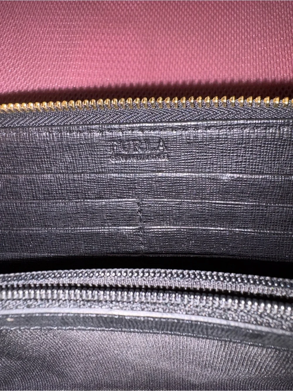 FURLA Babilon Continental Black Pebbled Zip Wallet with Gold Plaque